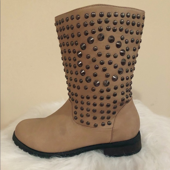 Studded Tan Mid-Calf Boots - Picture 4 of 12